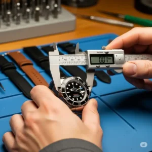 A specialized spring bar tool being used to carefully remove a rolex watch band replacement