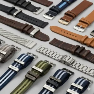 A display of various genuine MVMT watch strap options, including different colors and materials for mvmt watch strap replacement.