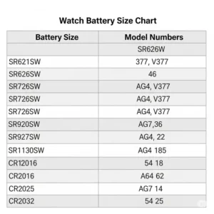 A table or chart showing different common watch battery sizes and their corresponding model numbers for a battery watch replacement kit.