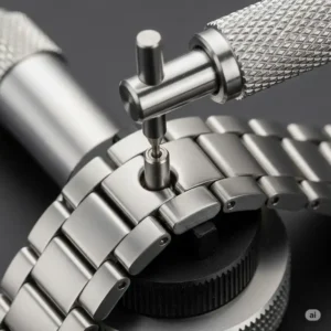 A watch link remover tool, a specialized type of watch band replacement tool, being used to adjust a metal strap.