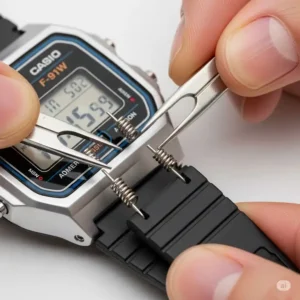 An illustration of attaching the new strap during a casio watch strap replacement, carefully aligning the spring bars.