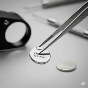 Non-magnetic tweezers, a part of the watch battery replacement tools, carefully handling a new watch battery.