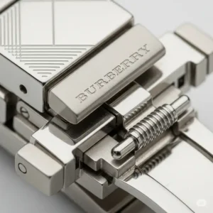 A detailed shot of a Burberry watch clasp, showing the mechanism for easy band replacement.