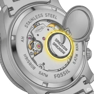 A detailed diagram of the back of a Fossil watch, with a circle highlighting the location of the battery, which is essential for understanding the fossil watch battery replacement cost implications of DIY.