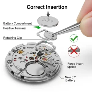 A clear illustration of how to correctly insert a new watch battery 371 replacement.