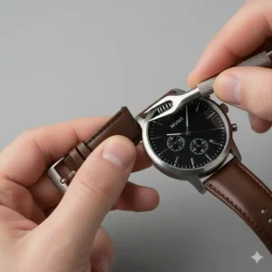 A step-by-step image showing how to slide the new spring bar into the lug hole to install a new mvmt watch strap replacement. 