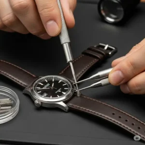 A person installing a new watch band using a watch band replacement tool to secure it to the watch.