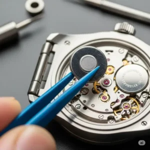 A new watch battery being placed correctly into the watch's battery compartment, a crucial part of a battery watch replacement kit.