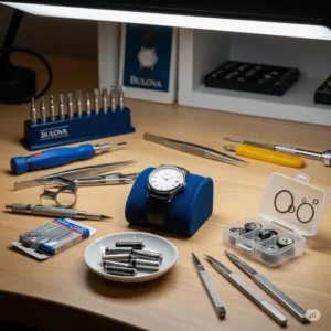 A clean, well-lit jeweler's workstation, the professional setting where the Bulova watch battery replacement cost is quoted and the service is performed.