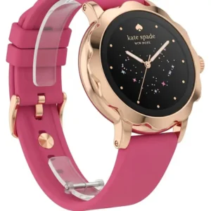 A close-up view of a Kate Spade Scallop Smartwatch with a stylish and easy-to-replace silicone watch band. The process is a simple kate spade watch band replacement.