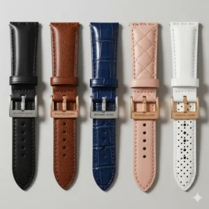 A collection of different styles and colors of genuine leather for Michael Kors watch strap replacement.