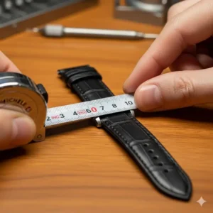 A person measuring a Michele watch band replacement to ensure a perfect fit after replacement.
