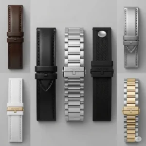 A display of various styles for a movado watch band replacement, including leather, stainless steel, and rubber.
