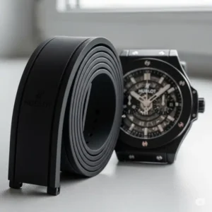 A brand new black Hublot watch bands replacement lying next to the watch, ready to be installed.