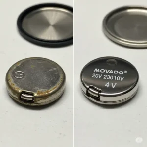 A side-by-side comparison of a depleted old battery and a new, shiny replacement battery for a Movado watch for movado watch battery replacement price.