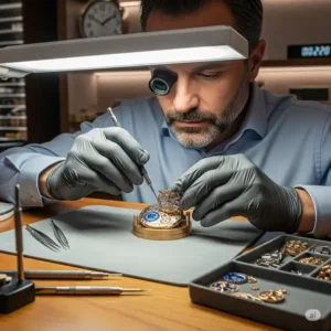 A professional jeweler working on a high-end luxury watch. The brand and complexity of the watch can significantly impact the final **price for watch battery replacement**.