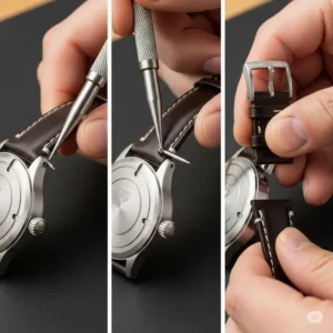 A step-by-step image of a user carefully detaching a leather tag heuer watch band replacement from the watch case using a spring bar tool.