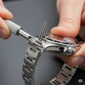 A watch expert meticulously installing a new rolex watch band replacement