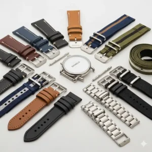 A variety of Shinola watch strap replacement options, including different colors of leather, nylon, and metal bands.