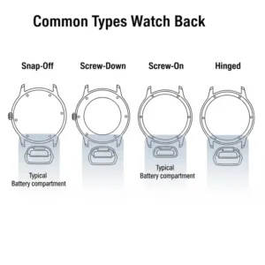 "Diagram illustrating various watch back types and typical battery compartment locations, important factors in understanding wrist watch battery replacement cost."