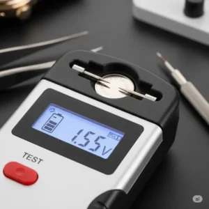 A watch battery tester showing a battery's charge level, which helps in confirming if a new battery is needed.