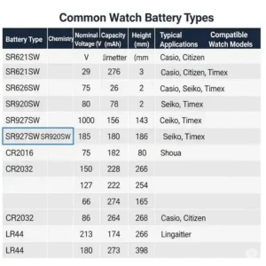 A chart comparing different battery types, used to help find the correct watch battery replacement sr920sw.