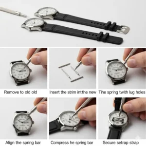 A step-by-step guide showing how to attach the new Nautica watch strap replacement to the watch face.