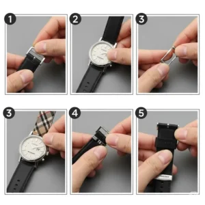 A step-by-step image showing how to remove a spring bar to replace a Burberry watch band.