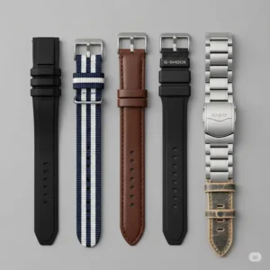 Various materials available for a casio watch strap replacement, such as silicone, leather, and stainless steel.