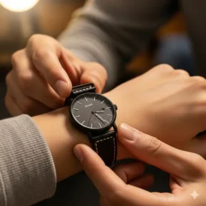 A final image of a person checking the secure fit of the new mvmt watch strap replacement after a successful replacement.