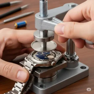A hand using a watch press tool to securely snap the watch back cover into place after using a battery watch replacement kit.