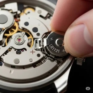 A clear image demonstrating the correct way to insert the new LR1121 battery into its designated slot inside the watch as a replacement for watch battery lr1121.