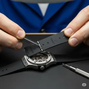 A step-by-step image of a watchmaker guiding the new Hublot watch bands replacement into place, aligning the screw holes with the watch case.
