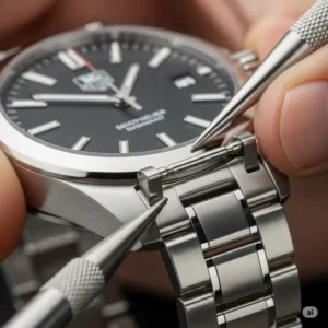 A clear photo of someone installing a new stainless steel bracelet for tag heuer watch band replacement, showing the alignment of the pins and the secure fit.
