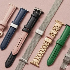 An assortment of interchangeable Kate Spade watch bands in different colors and materials, like leather and stainless steel, for a versatile kate spade watch band replacement.