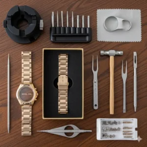 An example of a Michael Kors watch with a metal link band, showing the specific tools required for a Michael Kors watch strap replacement.