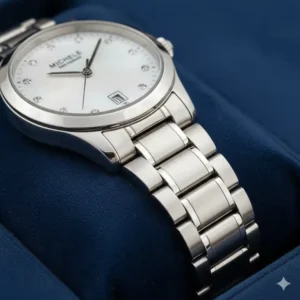 A clear image of a Michele watch with a brand-new Michele watch band replacement professionally installed, showing the seamless integration with the watch case.