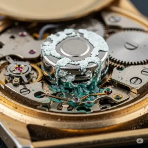 A macro shot showing a corroded or leaking watch battery, which can increase the **price for watch battery replacement** beyond the standard fee.