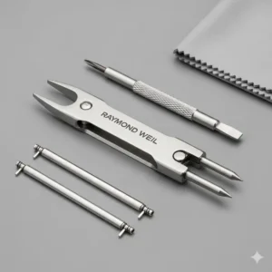 An image of the essential tools required for a DIY Raymond Weil watch strap replacement, including a spring bar tool and a small screwdriver.

