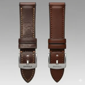 A side-by-side comparison showing a worn, old Shinola watch strap next to a new one, illustrating the transformation after a Shinola watch strap replacement.