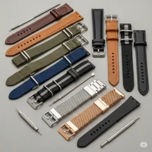 A variety of watch bands, including leather and nylon, shown alongside a watch band replacement tool.