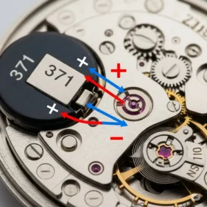 A visual guide highlighting the correct positive and negative polarity for a watch battery 371 replacement.