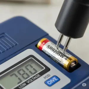 A watch battery tester checking an old SR920SW battery to confirm it needs a watch battery replacement sr920sw.