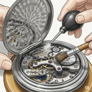 A small dust blower, one of the useful watch battery replacement tools, used to clean the inside of a watch case.