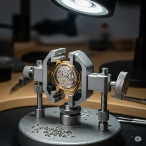 A watch case holder, which securely grips the watch to prevent it from moving while you work on it.