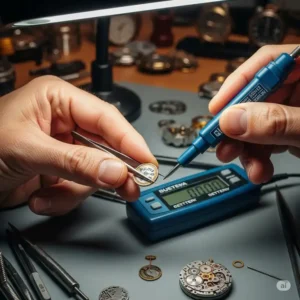A watchmaker using a battery tester to check the voltage of a Bulova watch battery, a crucial step that is included in the Bulova watch battery replacement cost.