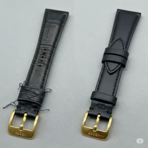 A side-by-side comparison of a worn-out Gucci watch band next to a new one, showcasing the dramatic improvement after a Gucci watch band replacement.