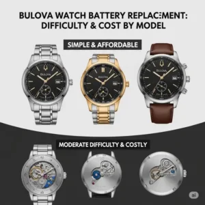 A visual infographic showcasing different Bulova watch models and how each type can influence the final Bulova watch battery replacement cost.