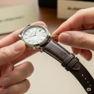 An image illustrating the correct way to attach the new Burberry watch band replacement to the watch head.