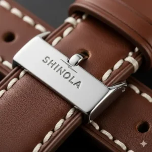 A detailed shot of the buckle on a new Shinola watch strap, showcasing the branded hardware and stitching post-Shinola watch strap replacement.